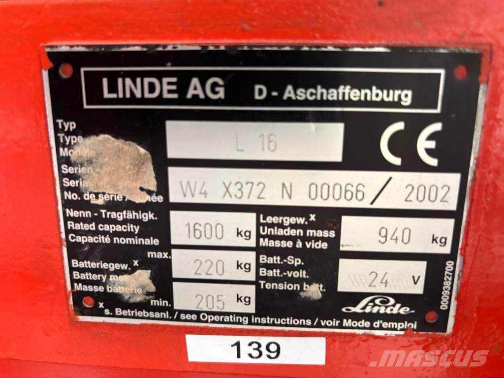 Linde L16 Ročni električni viličar