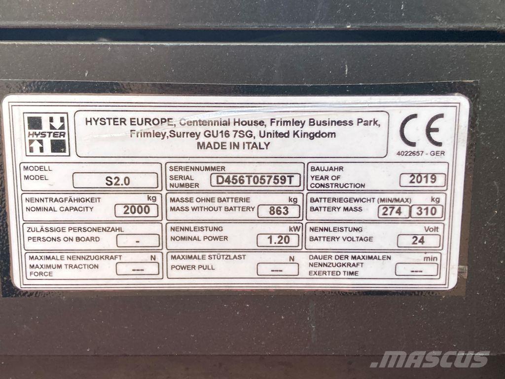 Hyster S 2.0 Ročni električni viličar