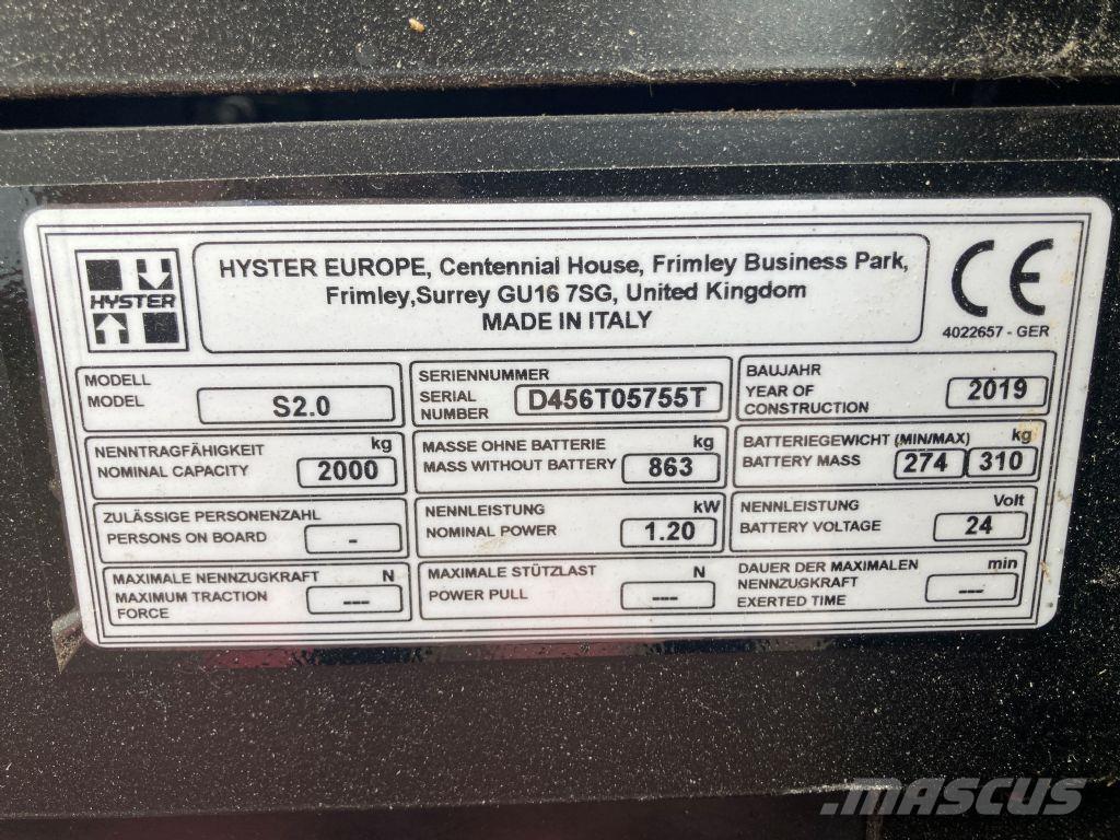 Hyster S 2.0 Ročni električni viličar