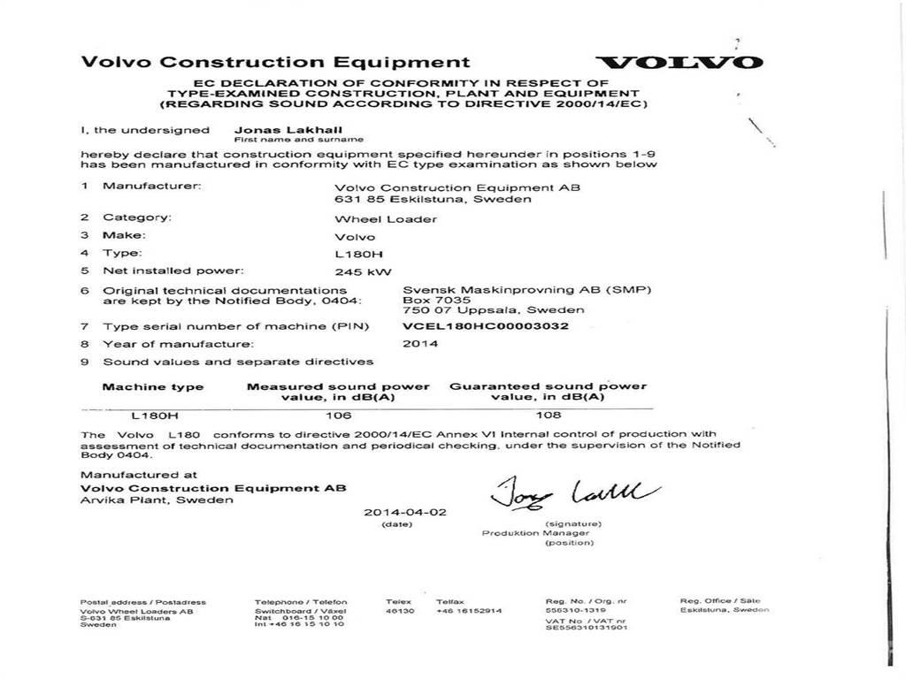 Volvo L180H Kolesni nakladalci