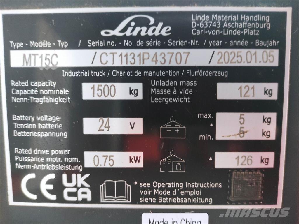 Linde MT15C Električni nizko dvižni viličar