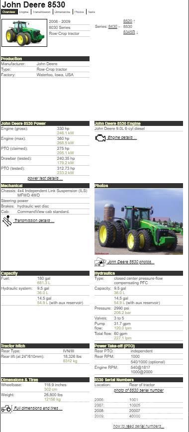John Deere 8530 Traktorji